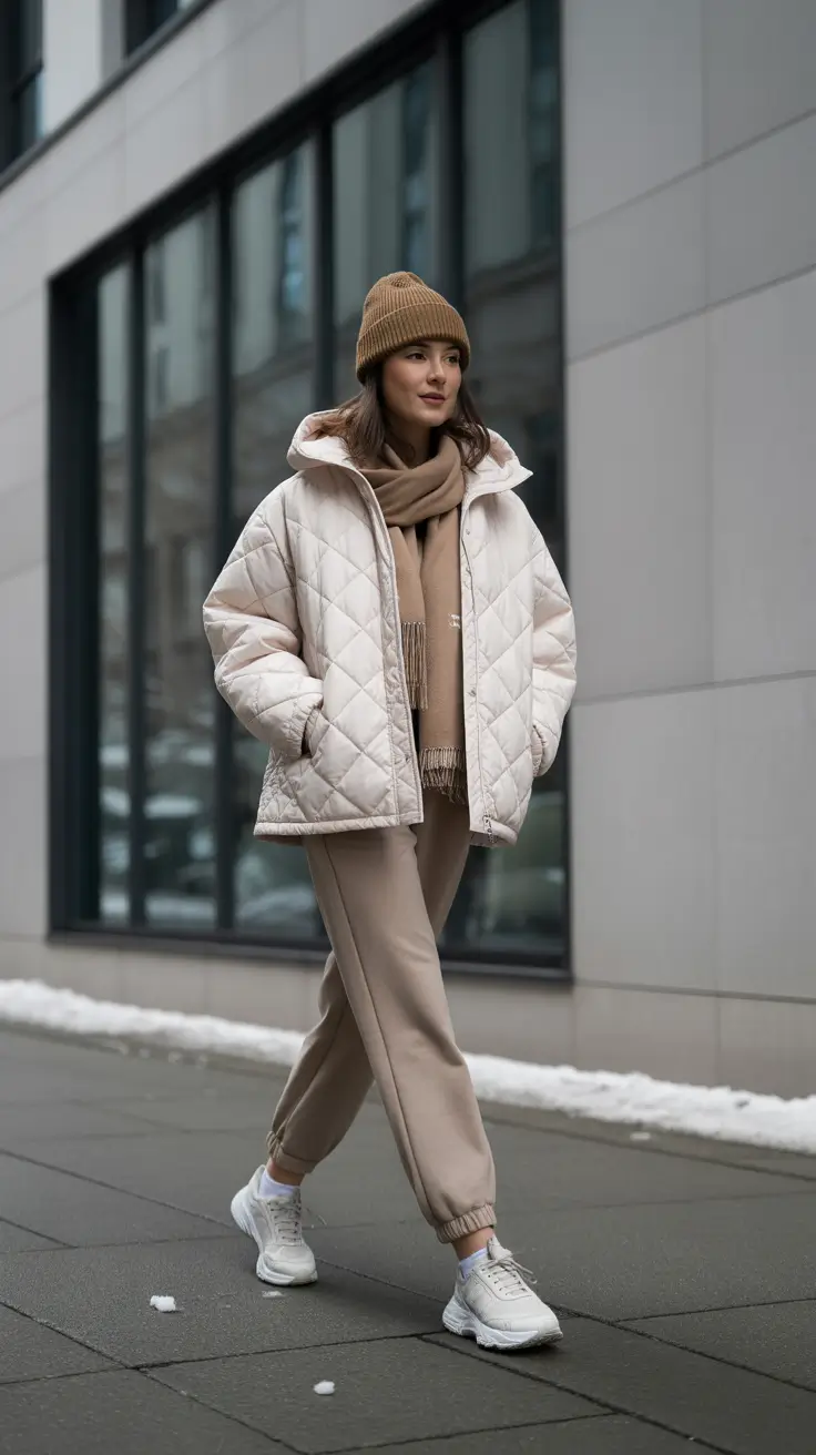 comfy outfits for women 2026 - Cream Quilt + Camel Joggers, Snow-Day Neutral Rhythm