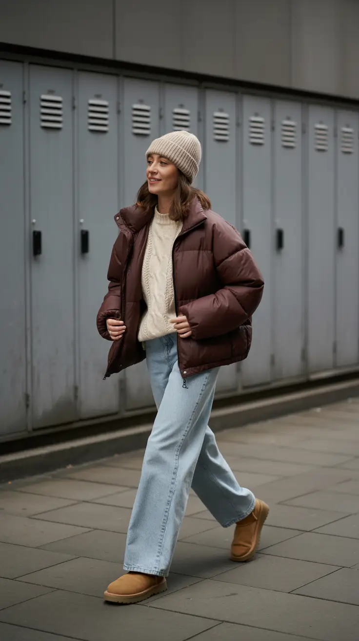 comfy outfits for women 2026 - Chocolate Puffer + Cable Knit + Wide Denim, Weekend Cozy Classic
