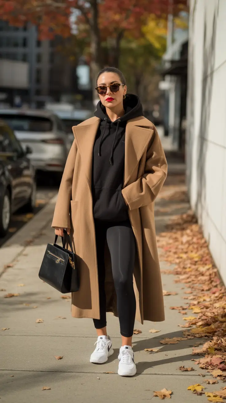 comfy outfits for women 2026 - Camel Coat + Black Hoodie Set, Elevated Street Minimal