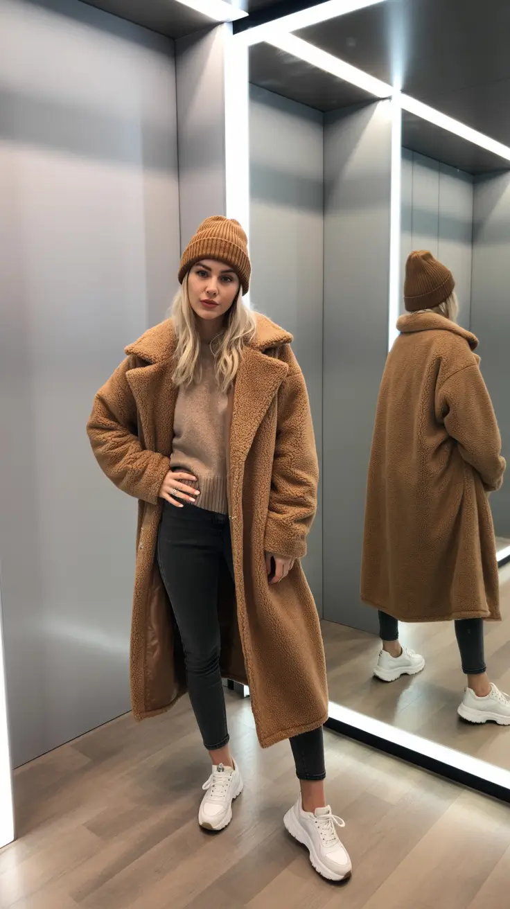 comfy outfits for women 2026 - Teddy Coat, Skinny Denim, And Chunky Sneakers