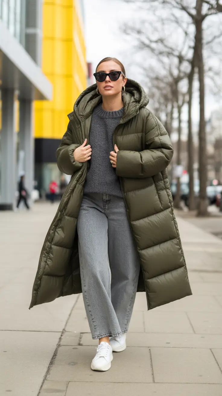 comfy outfits for women 2026 - Olive Maxi Puffer With Wide-Leg Grey Denim