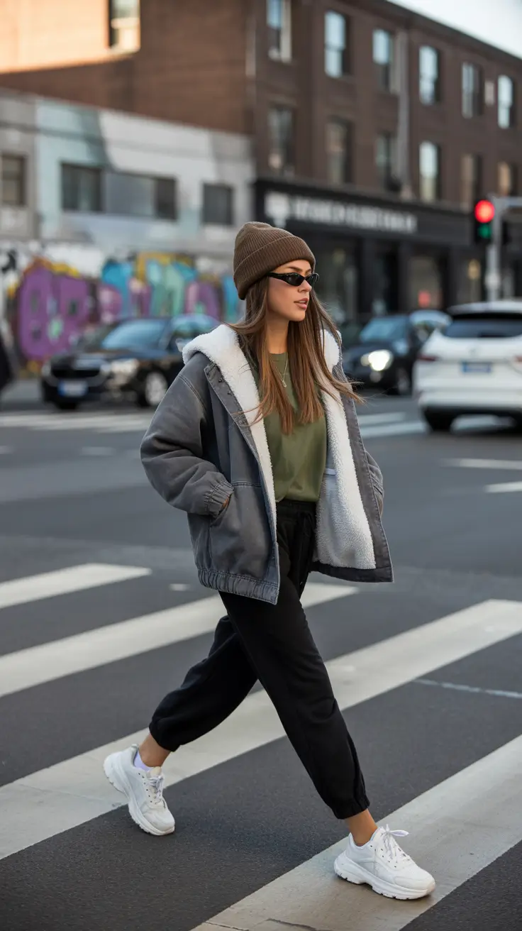 comfy outfits for women 2026 - Sherpa-Lined Aviator And Joggers, Street-Ready