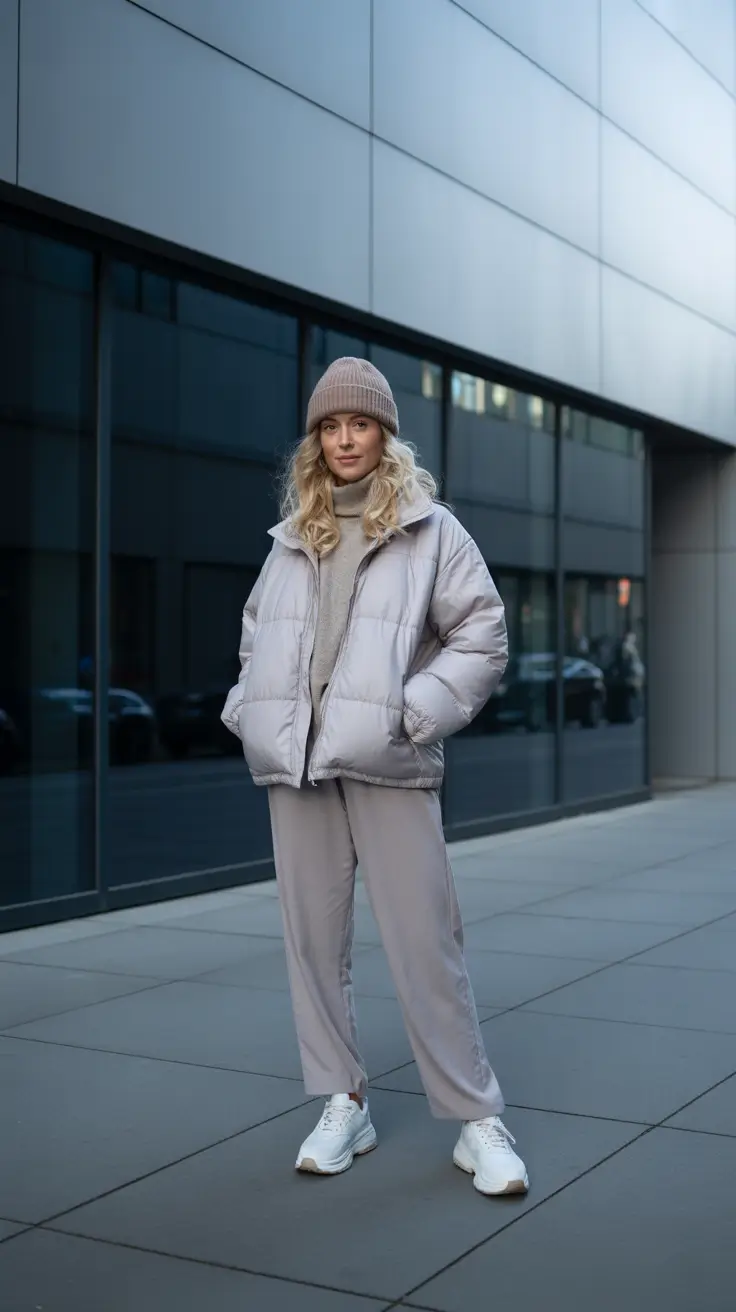 comfy outfits for women 2026 - Monochrome Mist Puffer And Fluid Pants