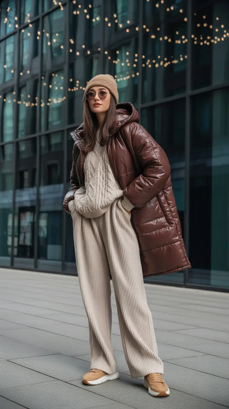 comfy outfits for women 2026 - Chocolate Puffer + Oatmeal Knit Set, Tonal Warmth