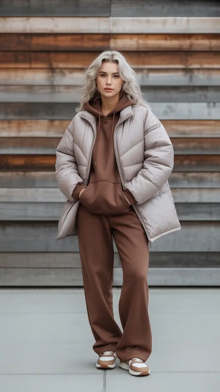 comfy outfits for women 2026 - Cocoa Hoodie Set With Dove Puffer