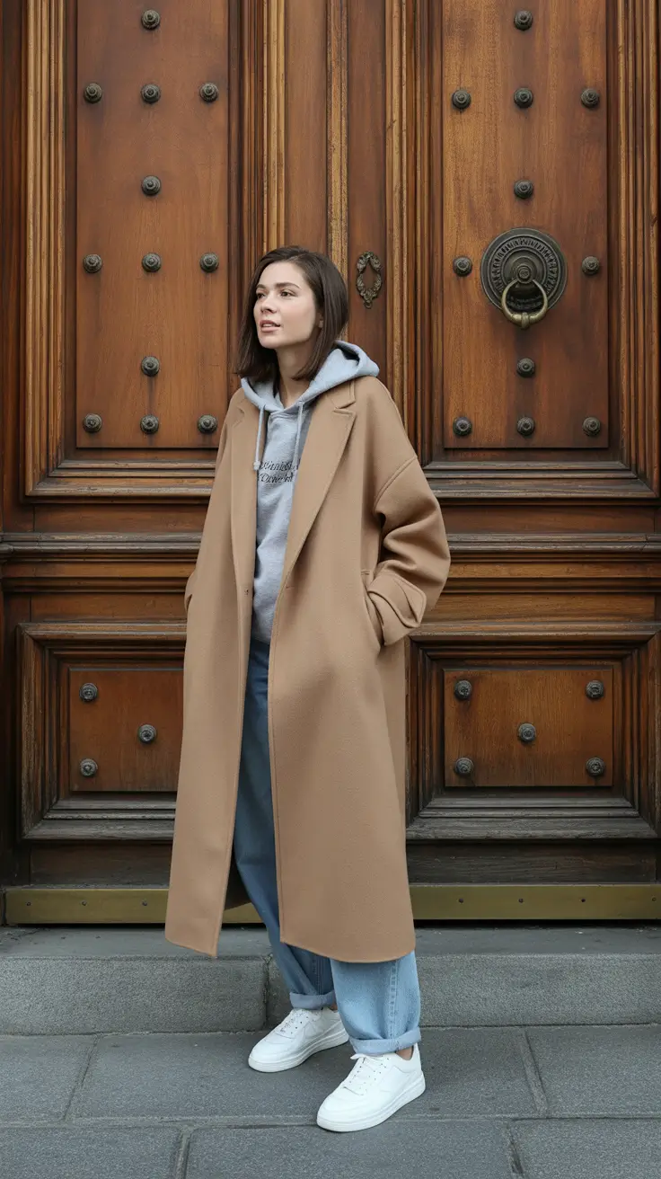 comfy outfits for women 2026 - Camel Coat Over Hoodie And Relaxed Denim