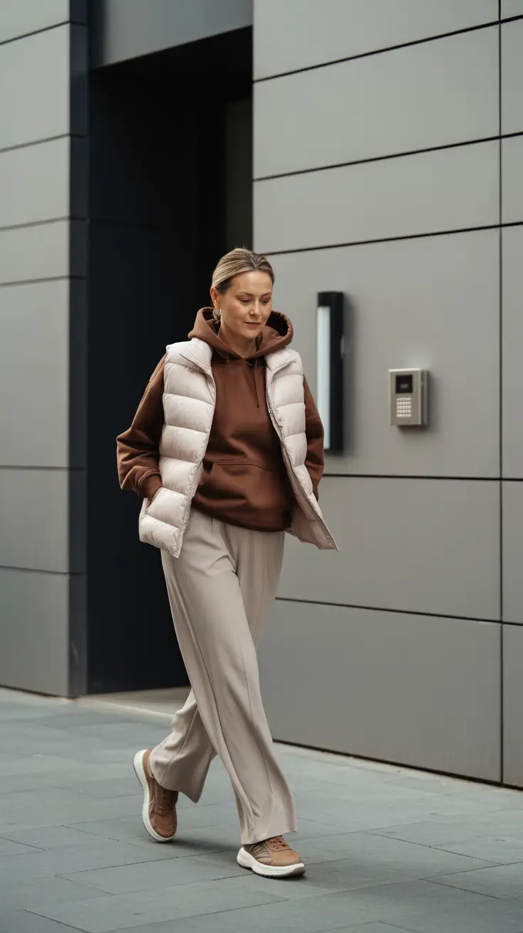 comfy outfits for women 2026 - Down Vest + Hoodie + Wide Pants, Soft Neutrals in Motion