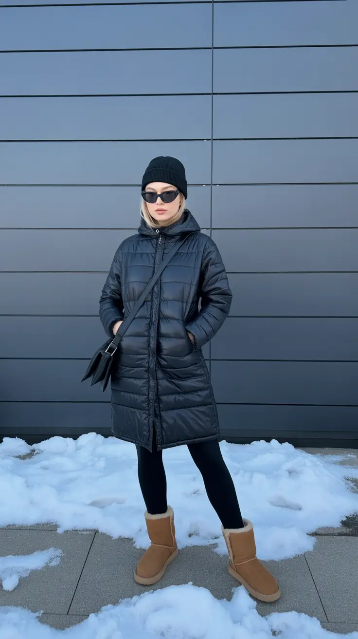 comfy outfits for women 2026 - Black Puffer + Leggings + Uggs, Frostproof and Sleek
