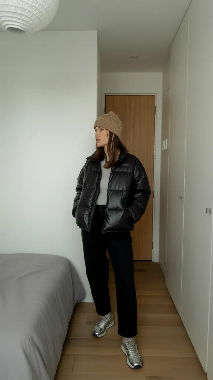comfy outfits for women 2026 - Matte Puffer And Silver Sneakers Off-Duty