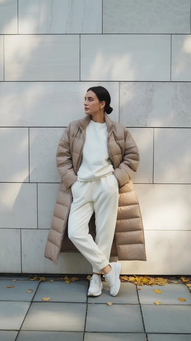 comfy outfits for women 2026 - Longline Puffer With Cream Joggers