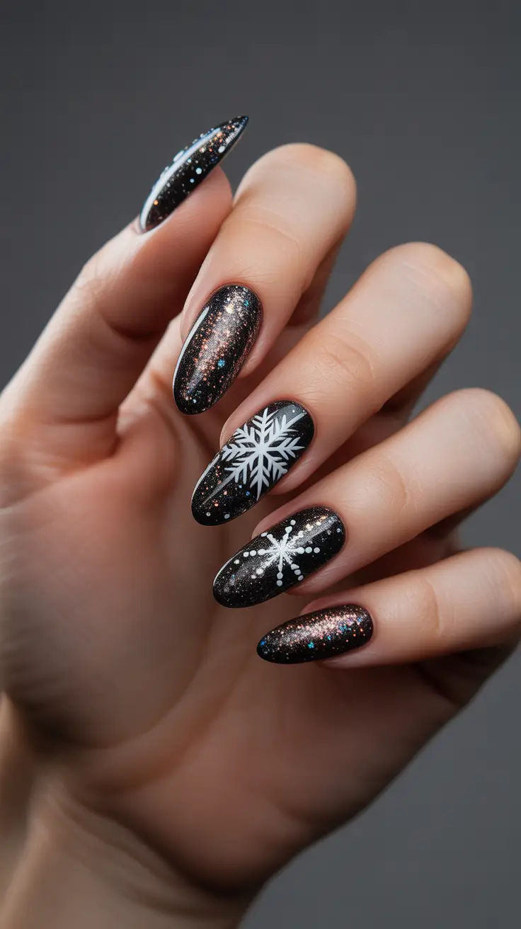 Modern Dark Nail Inspo Winter 2025–2026 - Starglow Snowflakes on Black Jelly