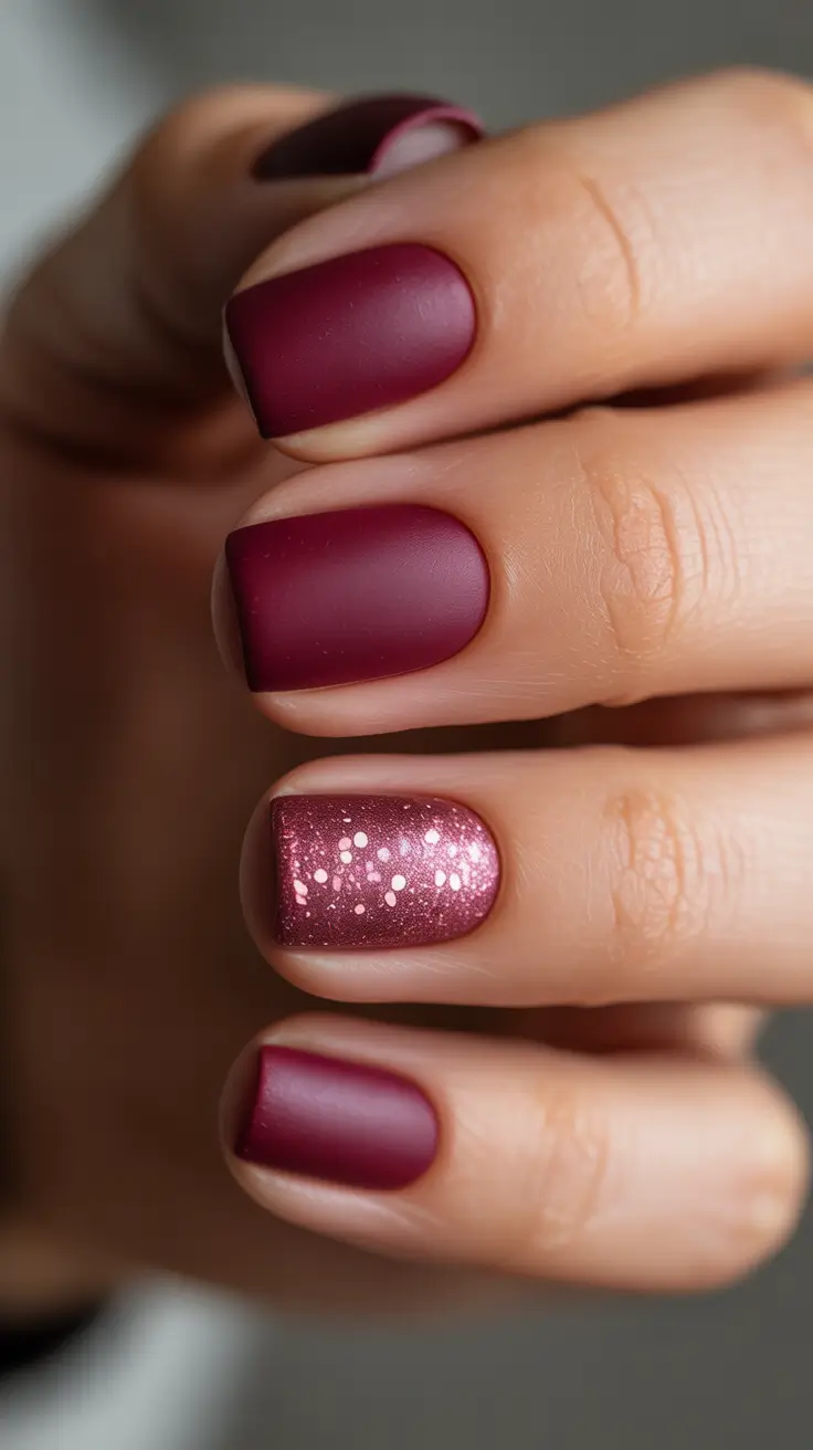 Modern Dark Nail Inspo Winter 2025-2026- Matte Merlot With Rosy Sparkle
