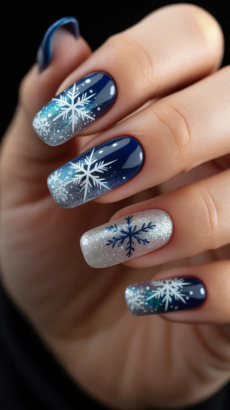 Modern Dark Nail Inspo Winter 2025-2026- Iced Navy Gradient with Snowflakes