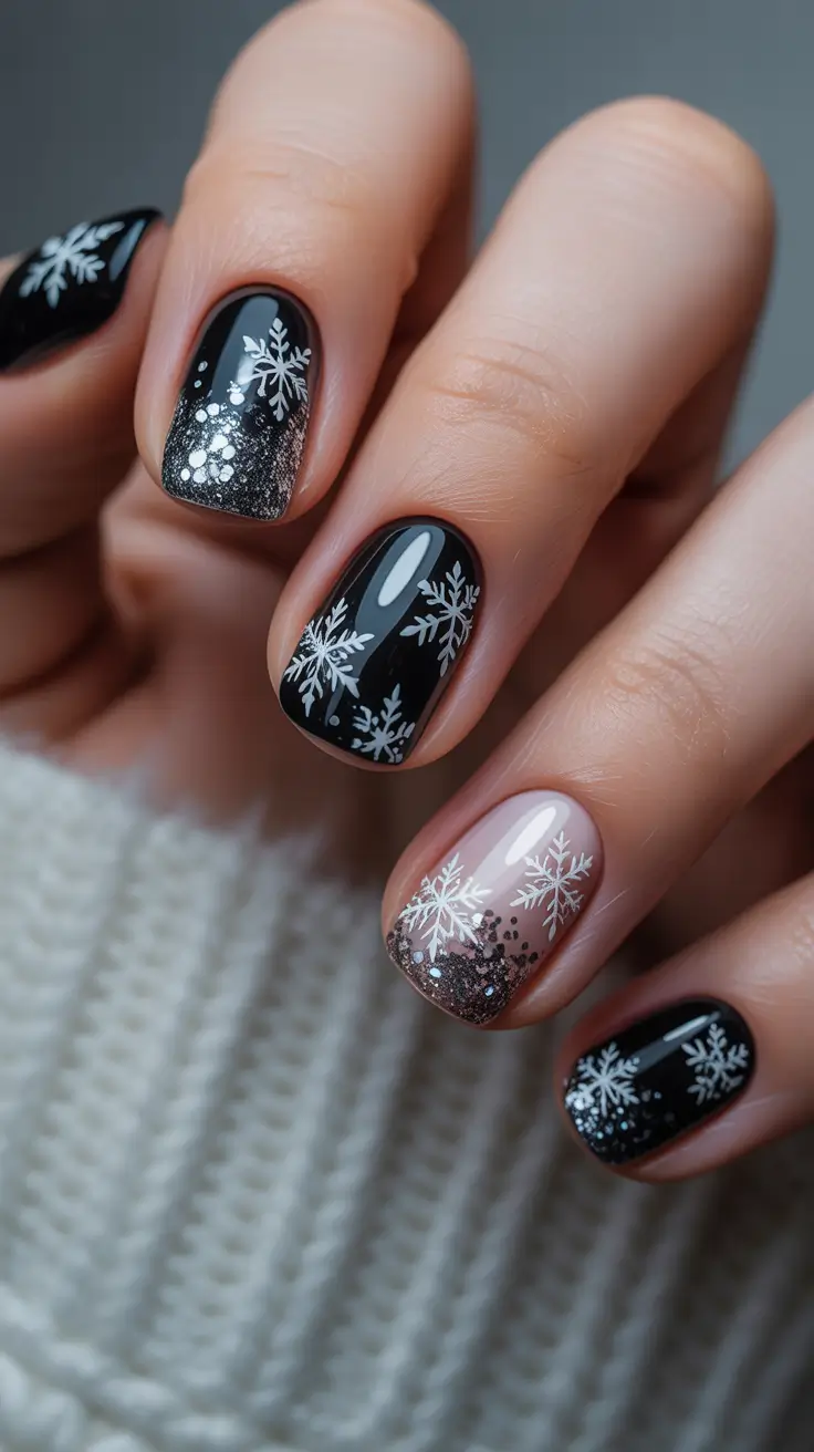 Modern Dark Nail Inspo Winter 2025–2026 - Cozy Noir Microflakes on Shorties