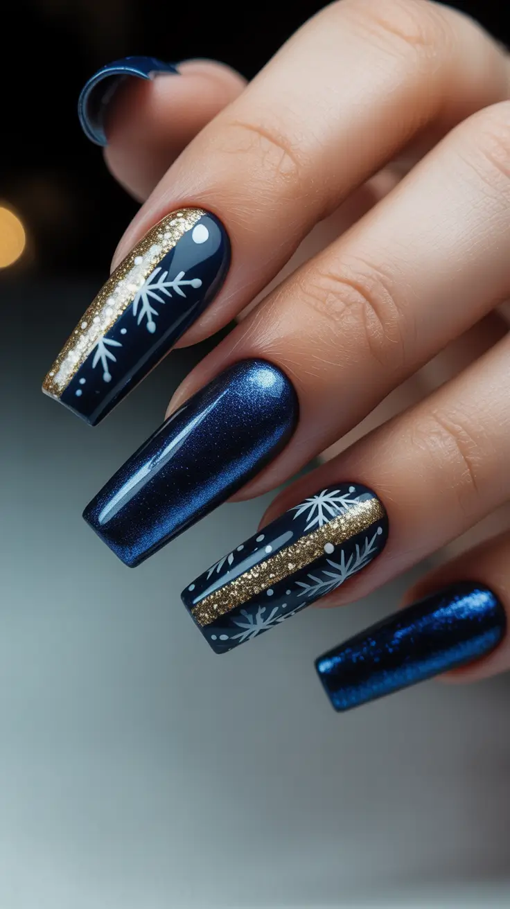 Modern Dark Nail Inspo Winter 2025–2026 – Gilded Snowline On Midnight Coffin