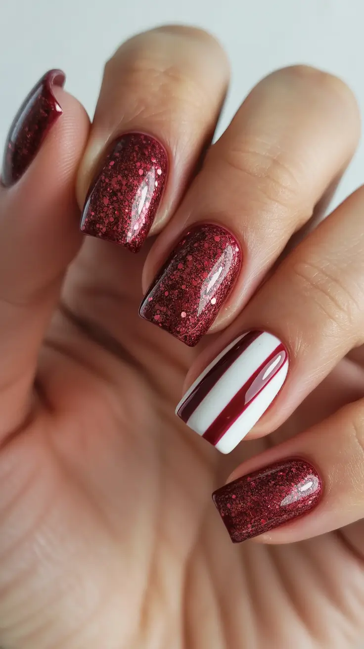 Stylish Easy Christmas Nail Ideas 2025 - Festive Gloss With Candy-Stripe Accent