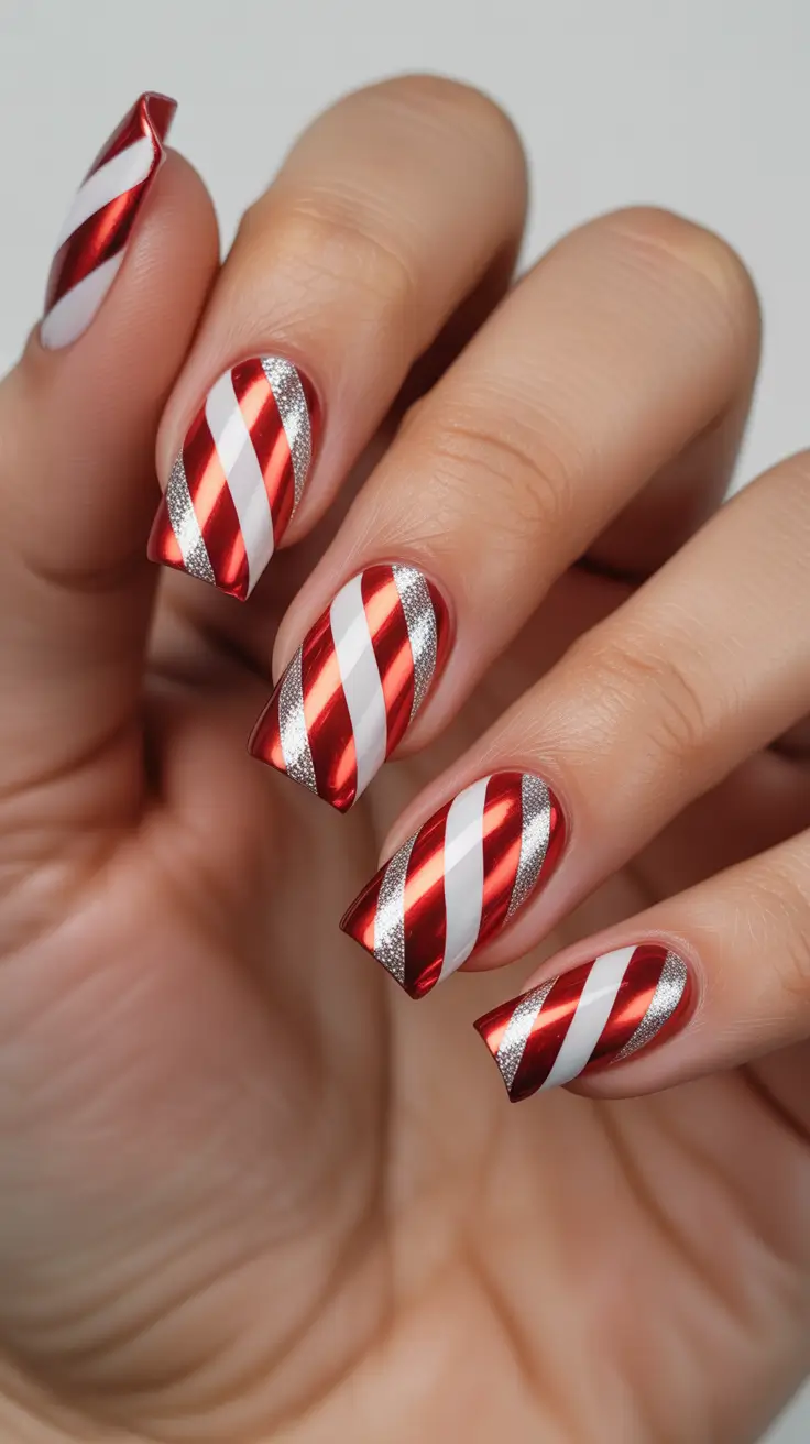 Stylish Easy Christmas Nail Ideas 2025 - Chrome Candy-Cane Stripes With Sparkle Edges