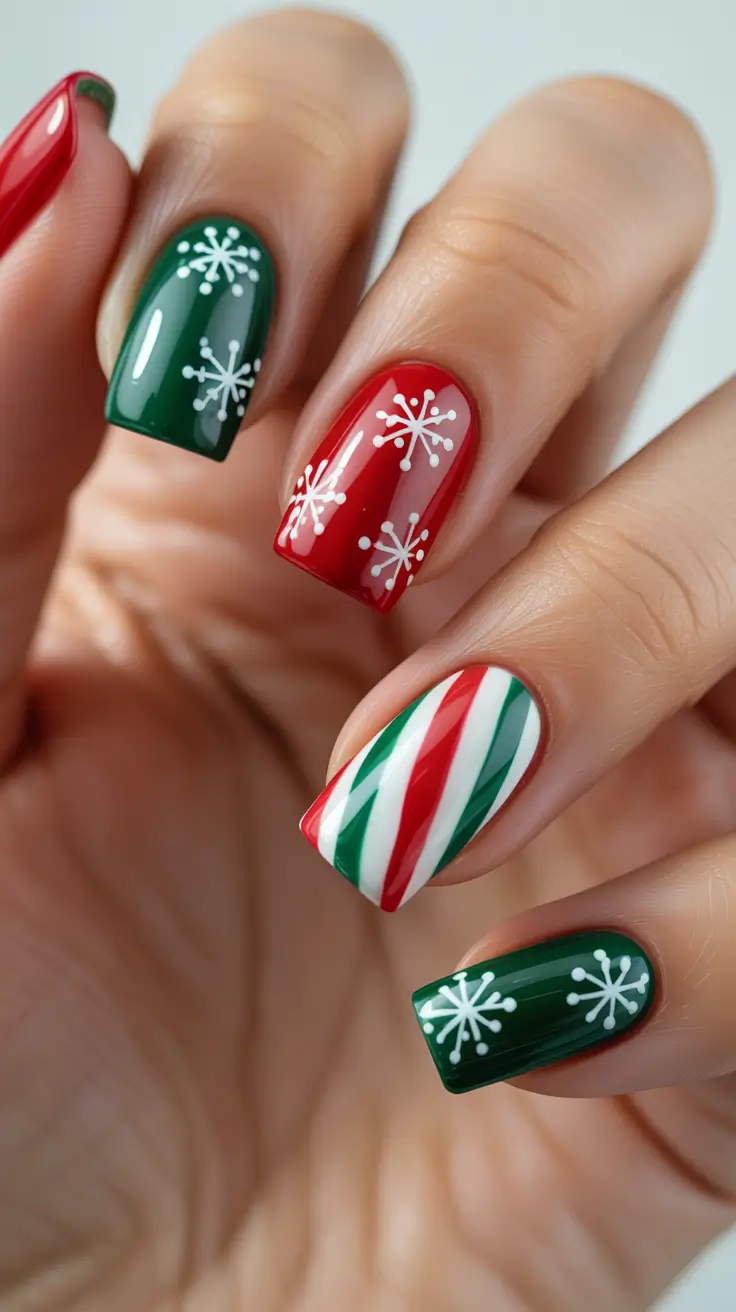 Stylish Easy Christmas Nail Ideas 2025 - Classic Red & Green With Snowflake Accents