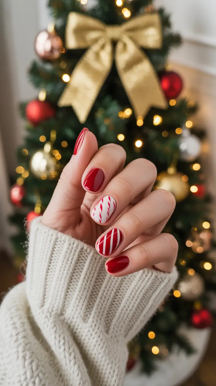 Stylish Easy Christmas Nail Ideas 2025 - Short Peppermint Mix With Glossy Solids