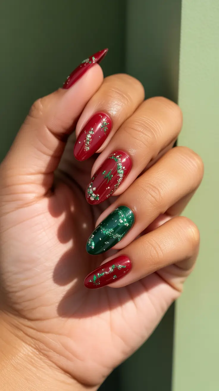 Stylish Easy Christmas Nail Ideas 2025 - Almond Evergreen & Cranberry With Sparkle Trails