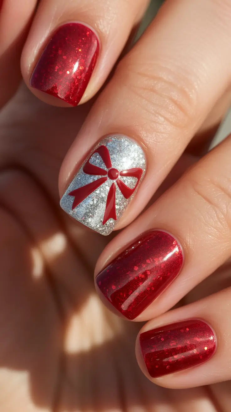 Stylish Easy Christmas Nail Ideas 2025 - Gift-Wrapped Accent on Ruby Sparkle