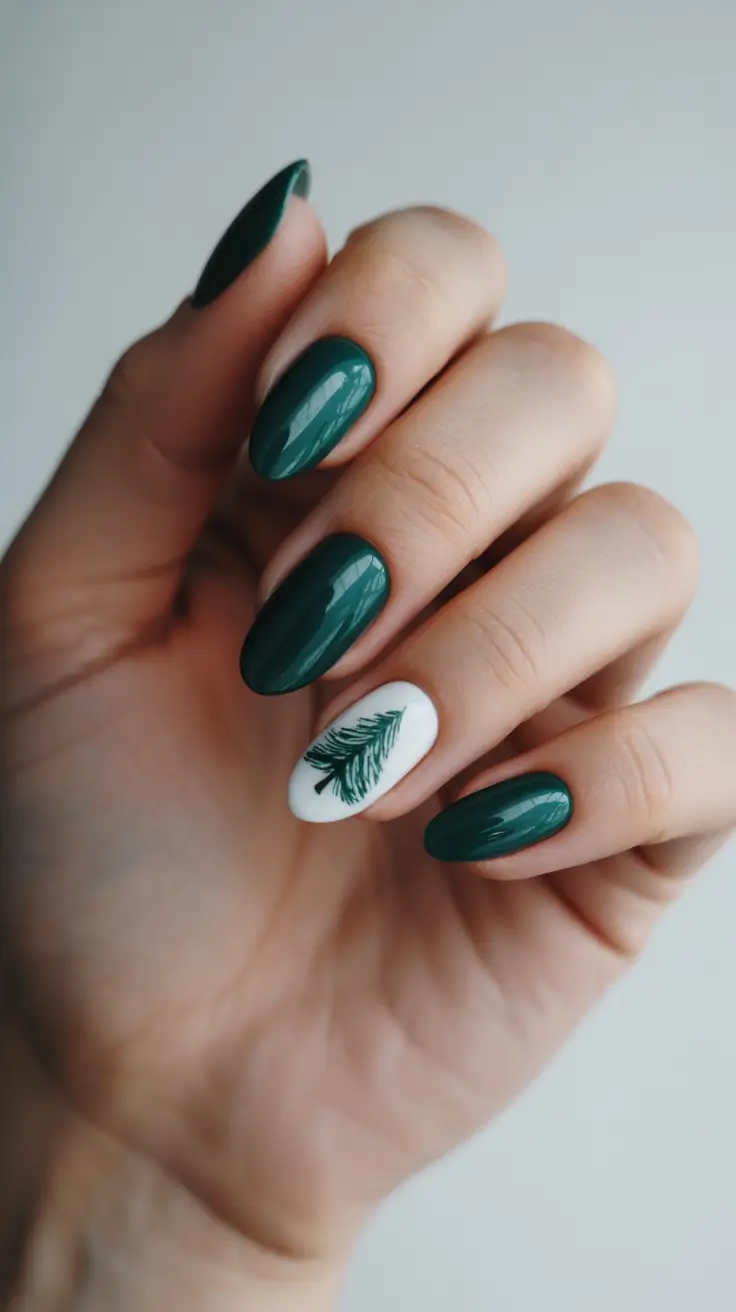 Stylish Easy Christmas Nail Ideas 2025 - Forest Green With Minimal Pine Accent