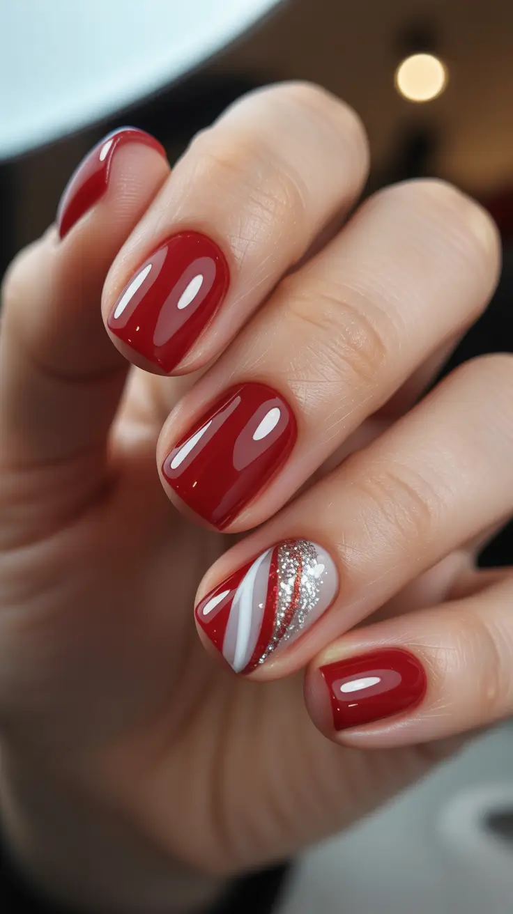 Stylish Easy Christmas Nail Ideas 2025 - Glossy Cherry With Silver-Snow Swirl