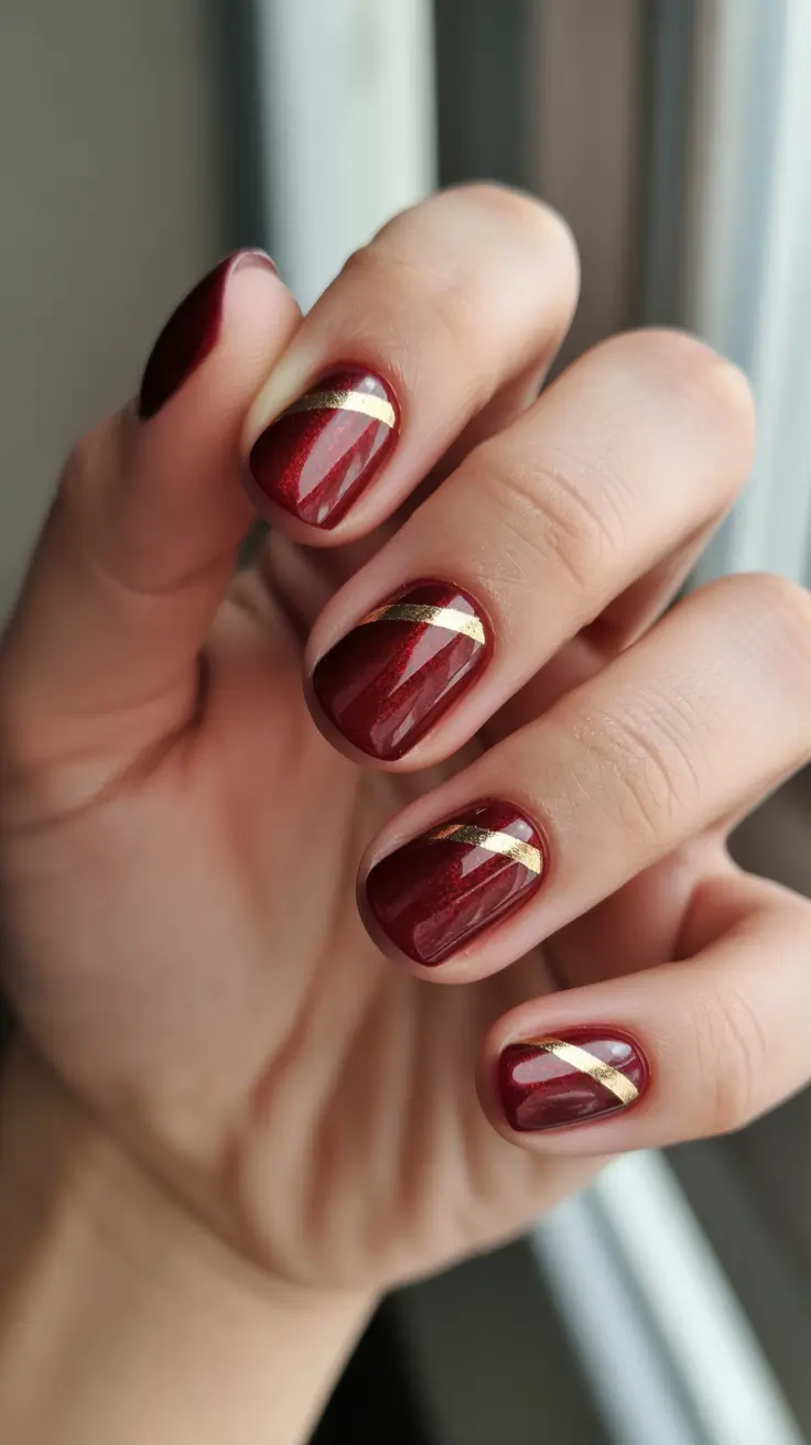 Stylish Easy Christmas Nail Ideas 2025 - Short Ruby With Sleek Gold Slash