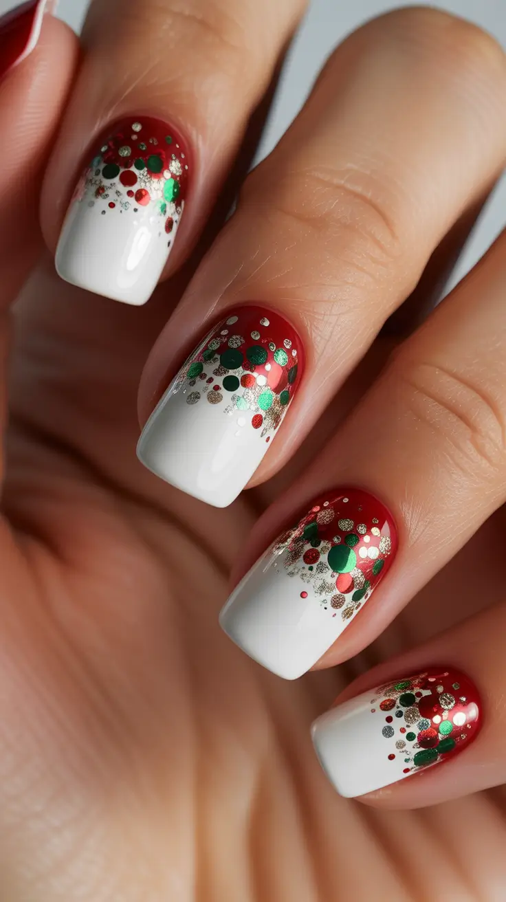 Stylish Easy Christmas Nail Ideas 2025 - Confetti Snowfall French Fade