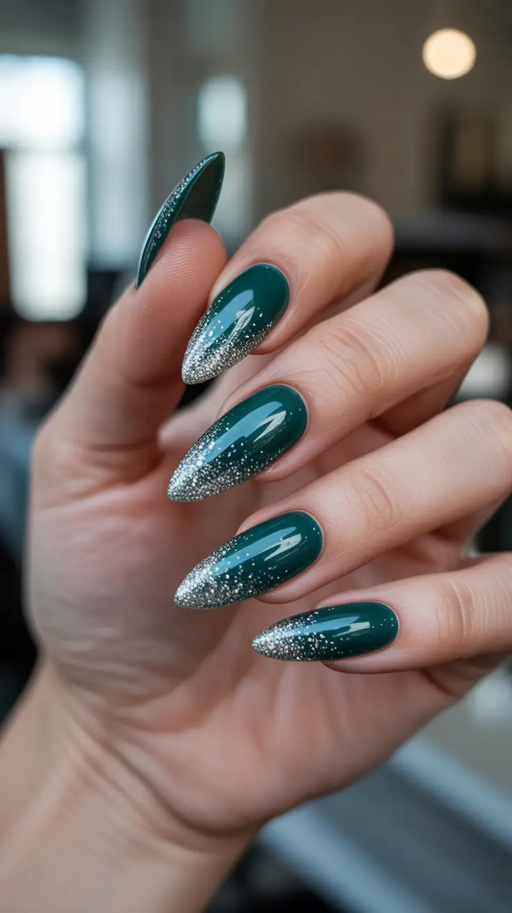 Stylish Easy Christmas Nail Ideas 2025 - Emerald Almond With Stardust Tips