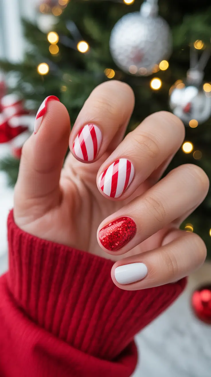 Stylish Easy Christmas Nail Ideas 2025 - Candy-Cane Mini Set With Snow-White Solo