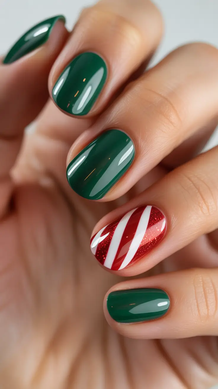 Stylish Easy Christmas Nail Ideas 2025 - Classic Candy Cane Accent on Evergreen