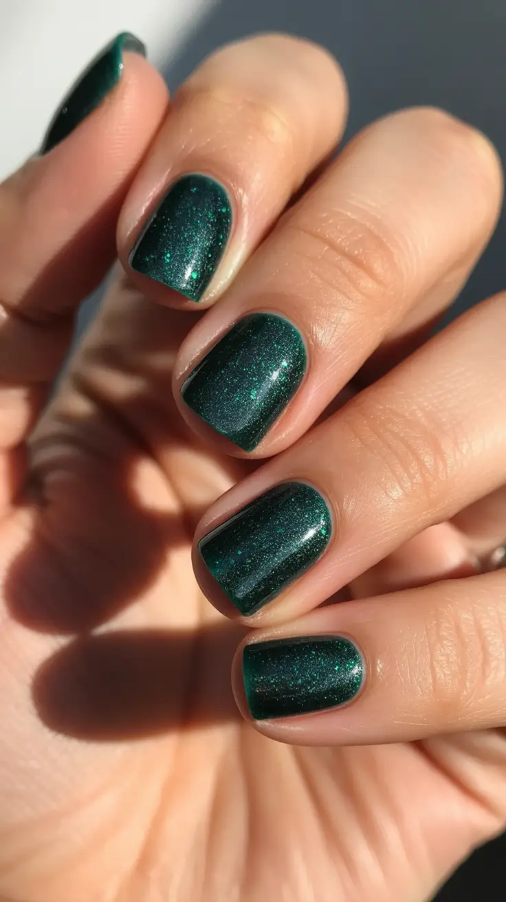 Stylish Easy Christmas Nail Ideas 2025 - Emerald Galaxy Sparkle for Short Nails