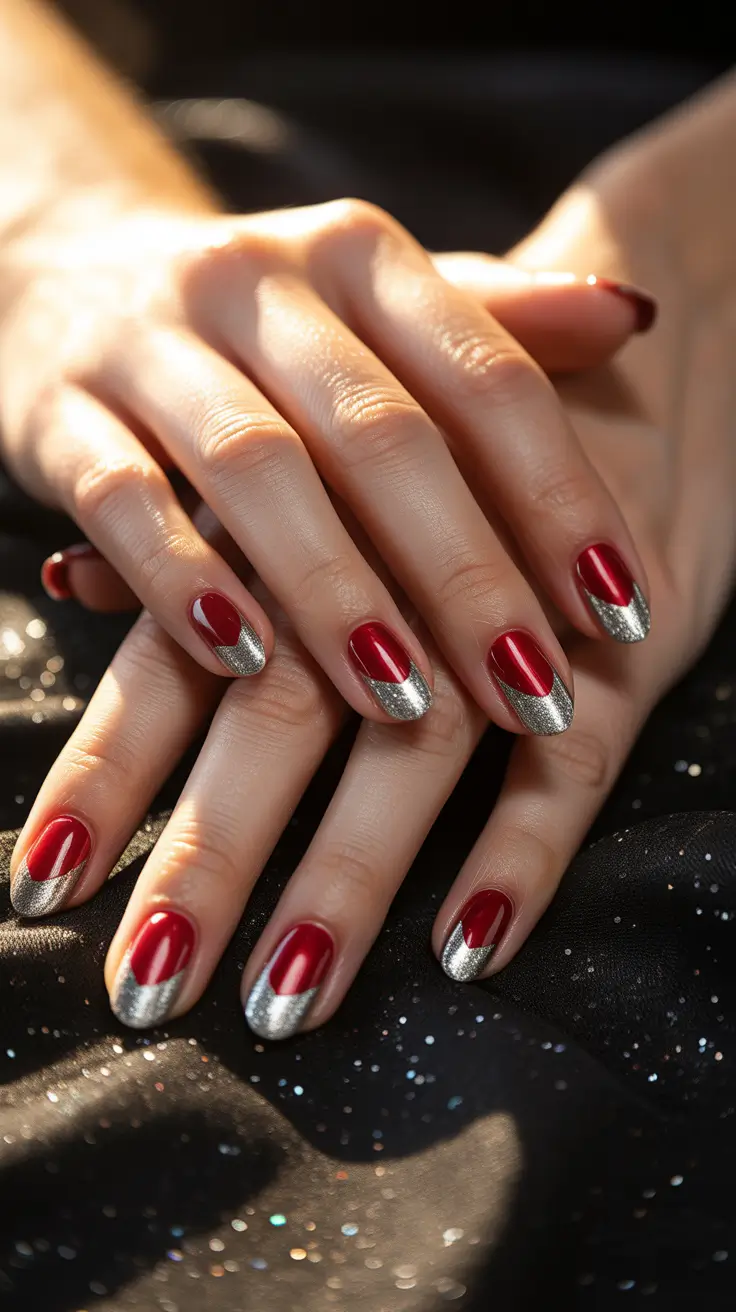 Stylish Easy Christmas Nail Ideas 2025 - Red With Silver Velvet French