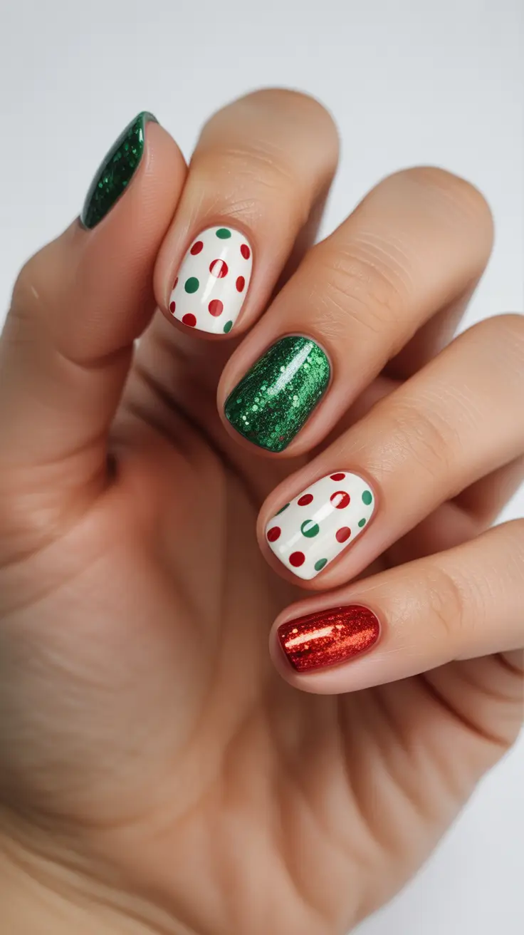 Stylish Easy Christmas Nail Ideas 2025 - Playful Holiday Dots Mix