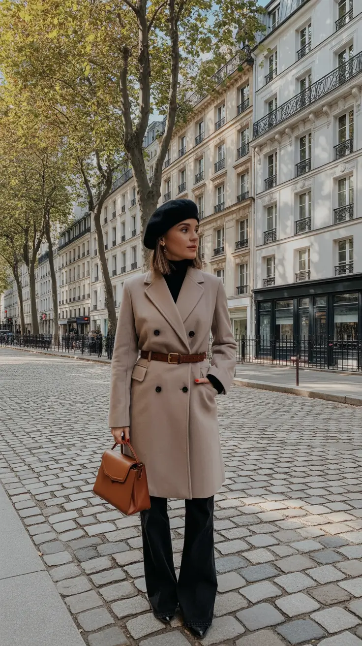fashion outfits for women 2026 - Parisian Belted Coat With Beret