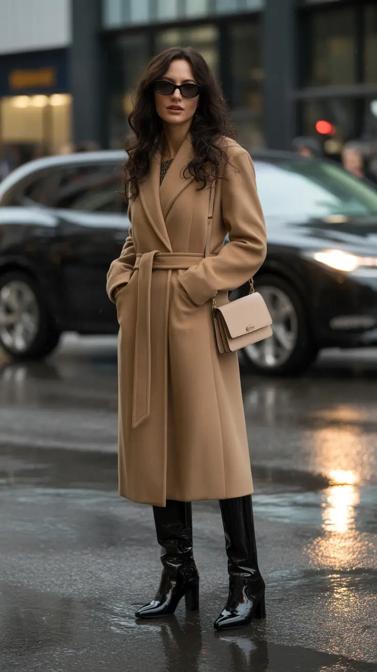 fashion outfits for women 2026 - Caramel Wrap Coat And Patent Boots