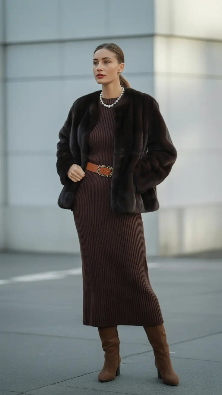 fashion outfits for women 2026 - Coffee-Tone Knit Dress And Fur Texture