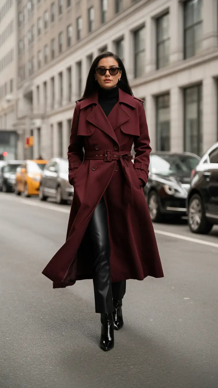 fashion outfits for women 2026 - Merlot Trench And Leather Trousers