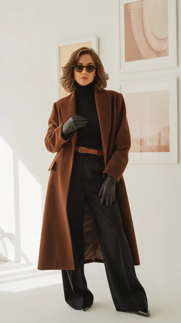 fashion outfits for women 2026 - Cocoa Coat With Black Wide-Legs And Gloves