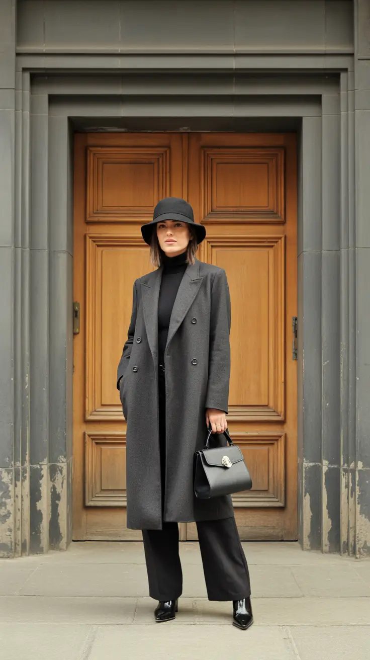 fashion outfits for women 2026 - Charcoal Double-Breasted With Bucket Hat Attitude