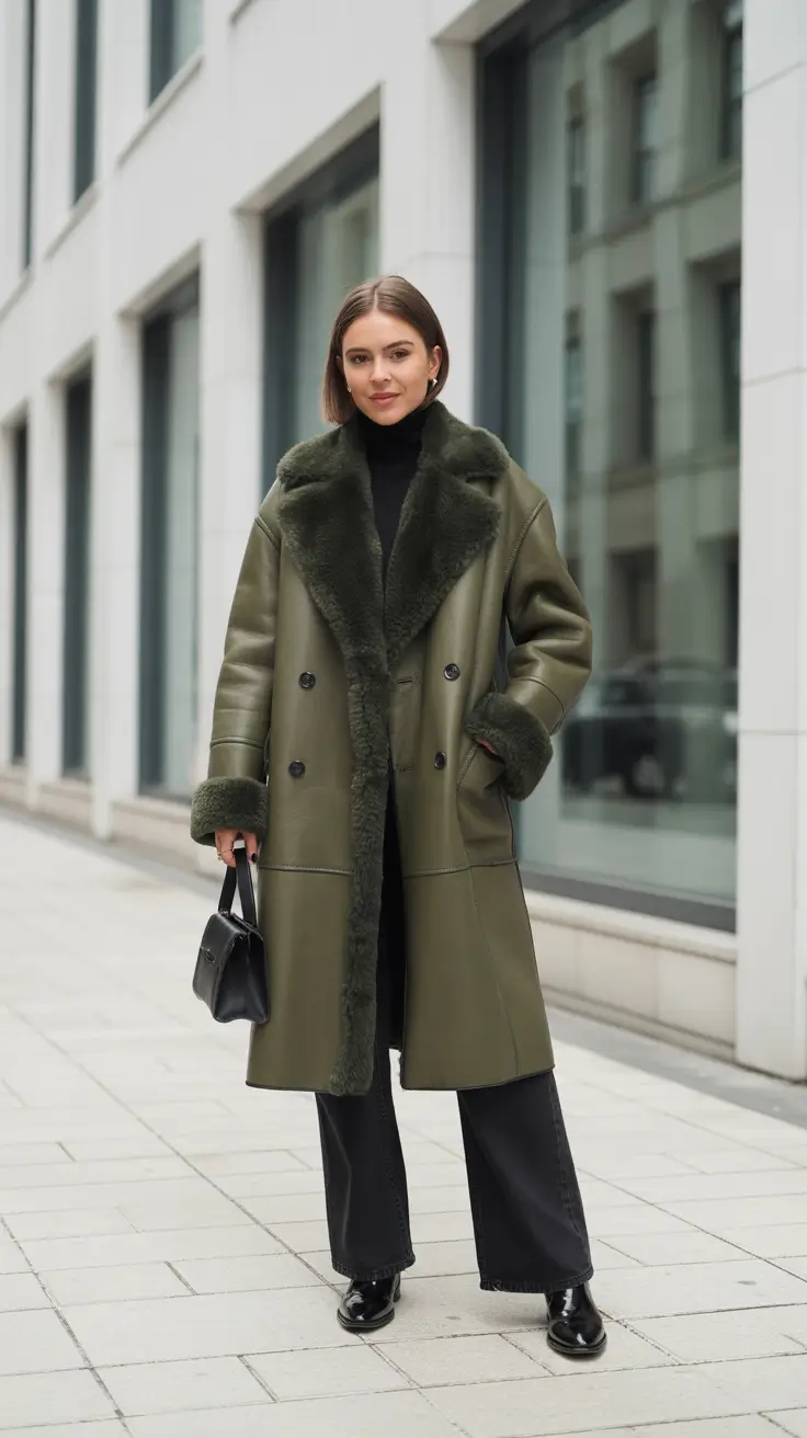 fashion outfits for women 2026 - Olive Shearling Power Coat