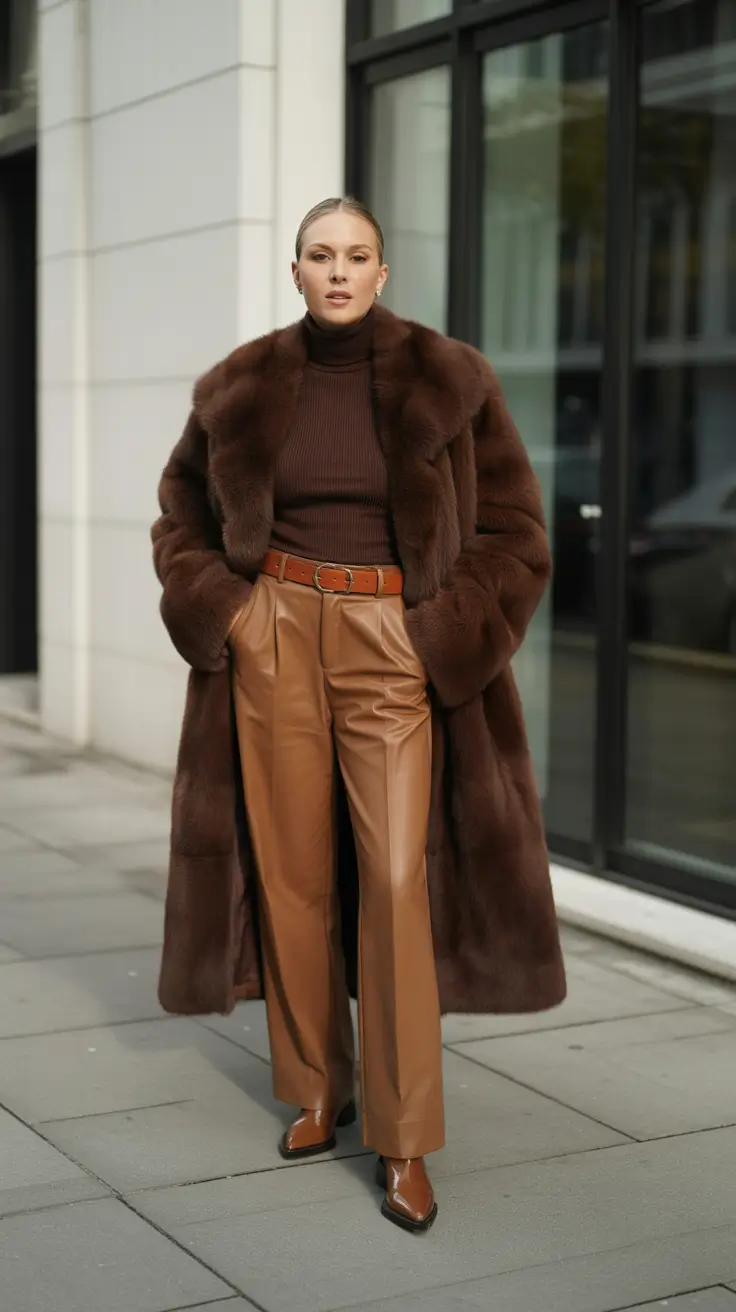 fashion outfits for women 2026 - Mocha Fur And Caramel Leather Trousers