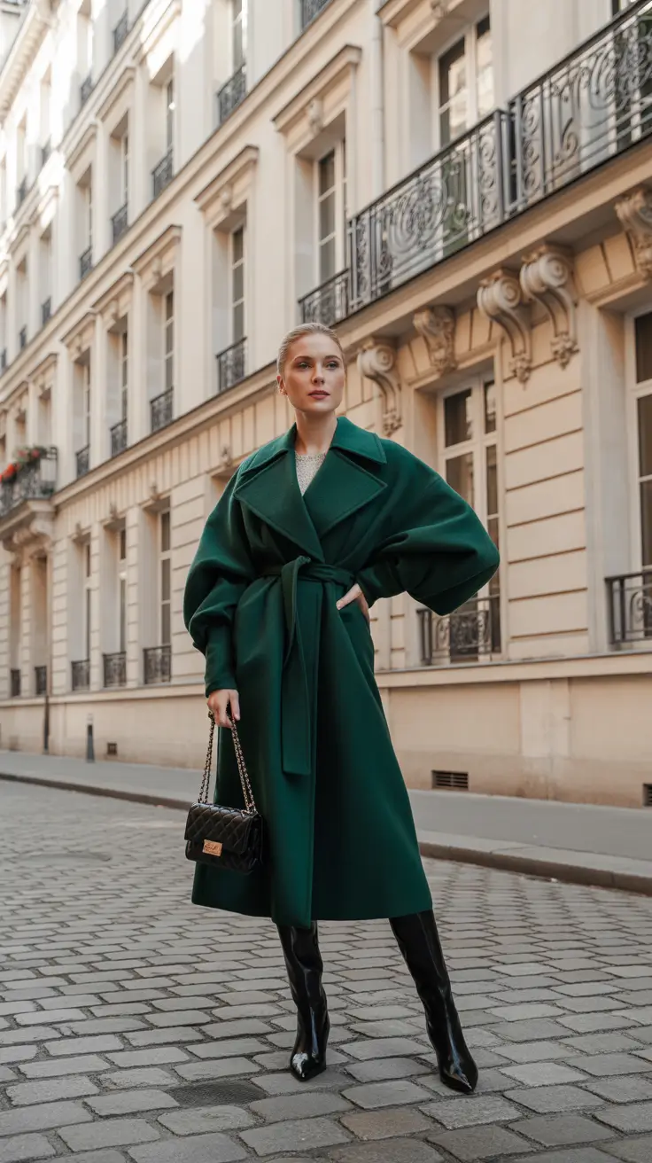 fashion outfits for women 2026 - Emerald Wrap Coat With Knee-High Boots