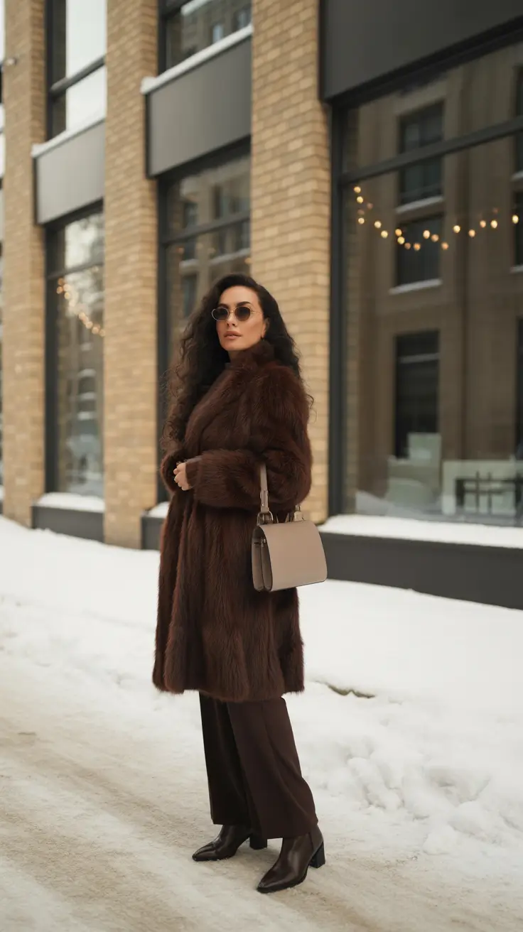 fashion outfits for women 2026 - Chocolate Fur With Taupe Shoulder Bag