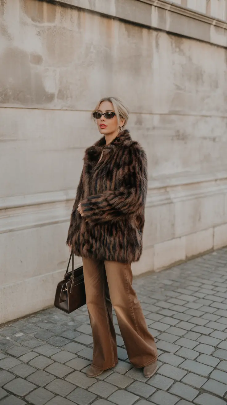 fashion outfits for women 2026 - Shaggy Stripe Faux Fur And Warm Flares
