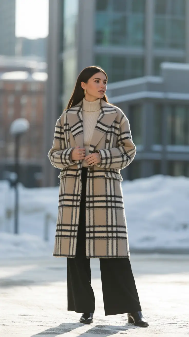 fashion outfits for women 2026 - Neutral Grid With Black Trousers