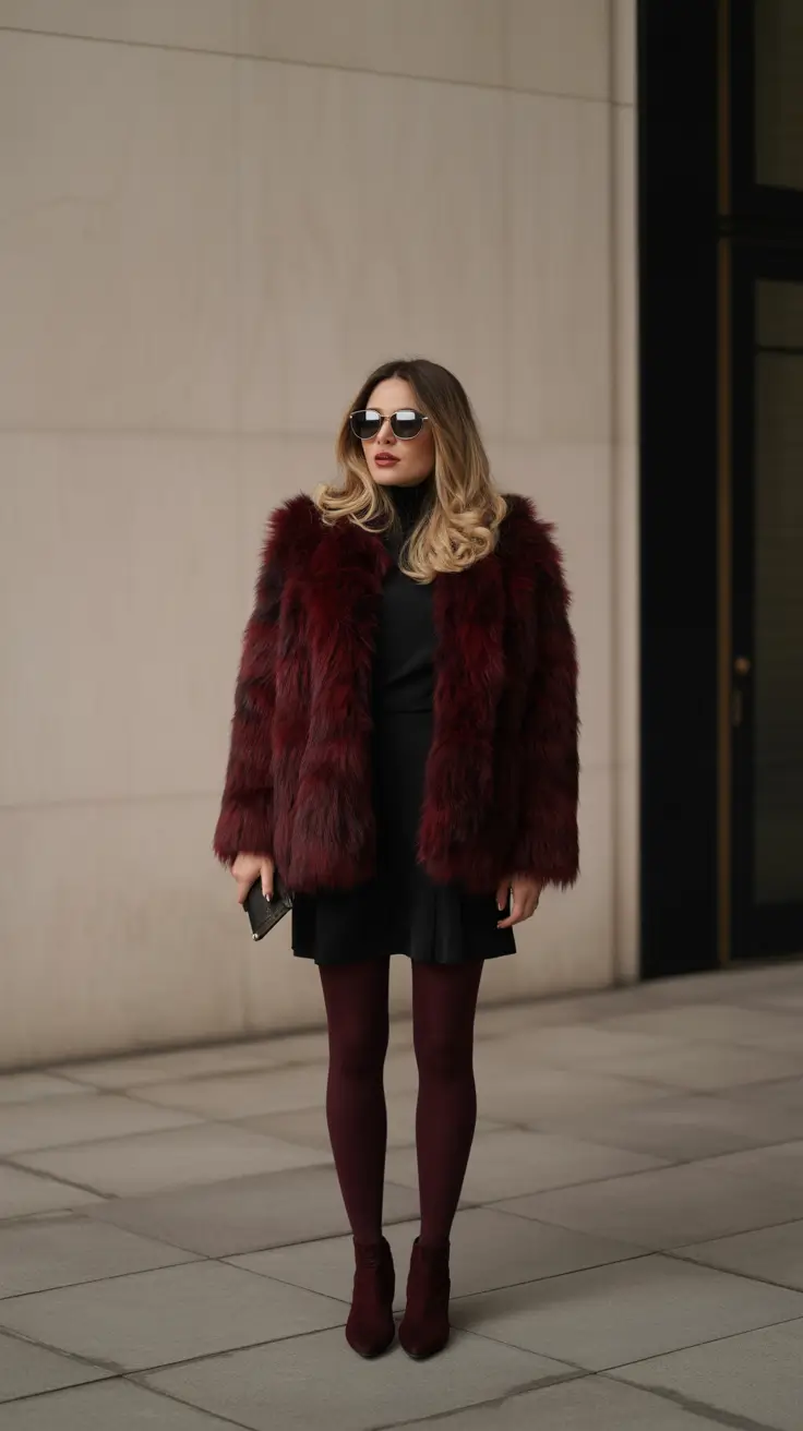 fashion outfits for women 2026 - Merlot Texture - Faux Fur Over a Little Black Dress