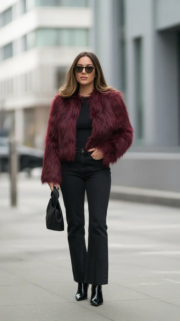 fashion outfits for women 2026 - Short Faux Fur And Black Denim - Downtown After Dark