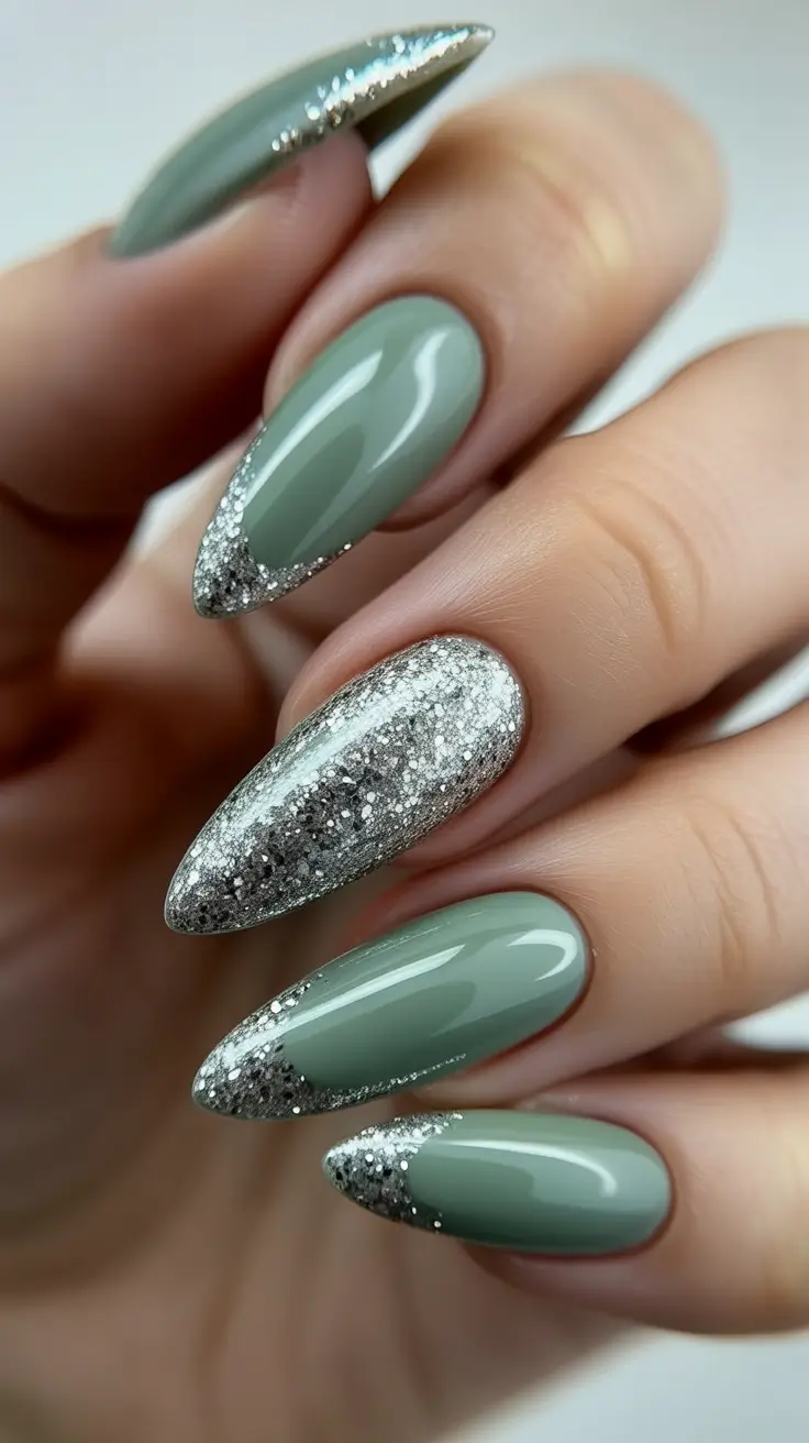 Stylish Green Nails Winter 2025-2026 - Sage French With Silver Stardust